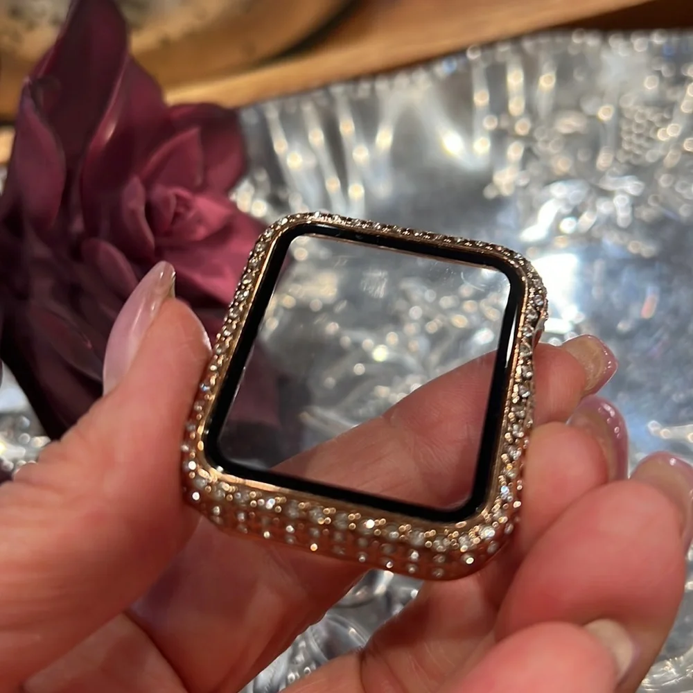 Rose Gold Rhinestone Apple Watch Bumper with tempered glass.